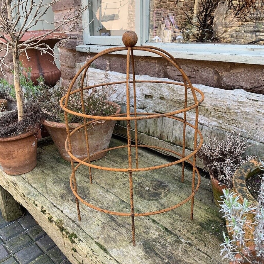 Large 95cm Lobster Pot, Rustic Metal Plant Support Rusty Cage Frame Trellis