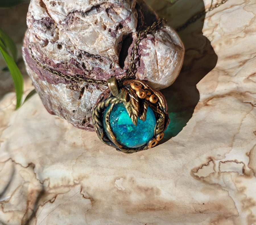 Fantasy pendant, handmade jewellery, fantasy necklace, sky blue, resin and clay