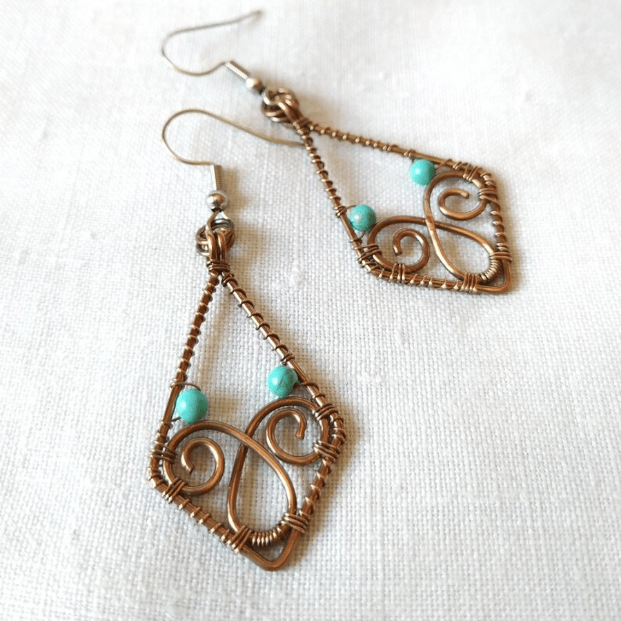 Rhombus Shaped Earrings in Oxidised Copper with Turquoise