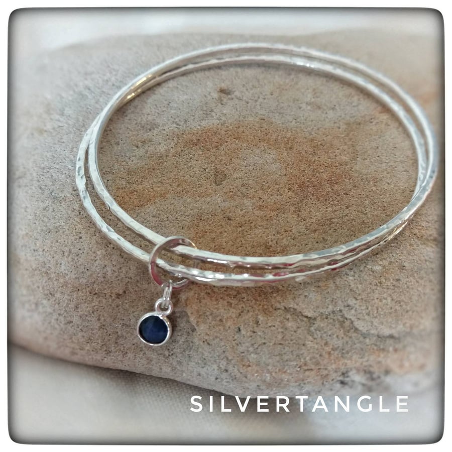 Double Silver Bangle with Sapphire Charm - FREE UK P&P