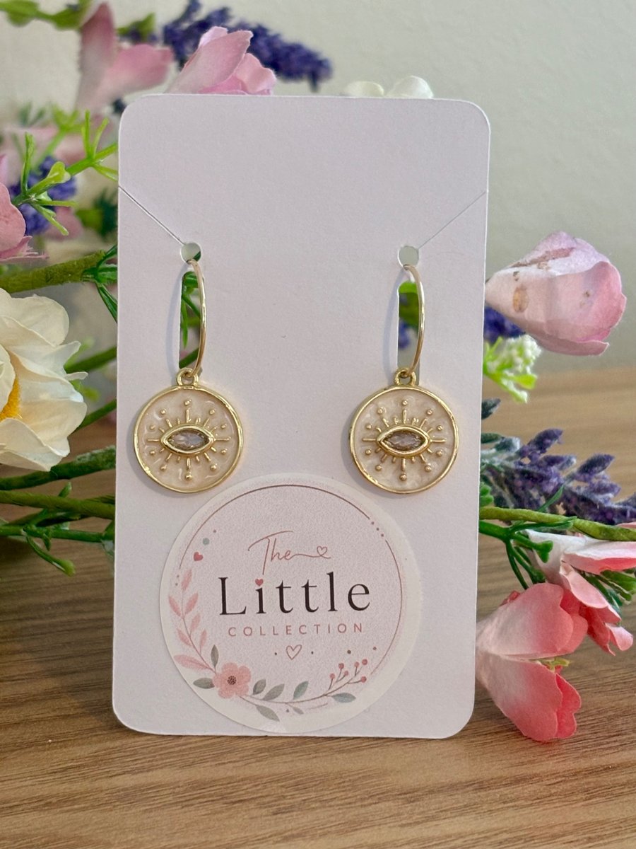 Evil Eye Hoop Earrings, White Enamel Charms, Handmade Symbolic Jewellery