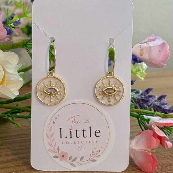 Evil Eye Hoop Earrings, White Enamel Charms, Handmade Symbolic Jewellery