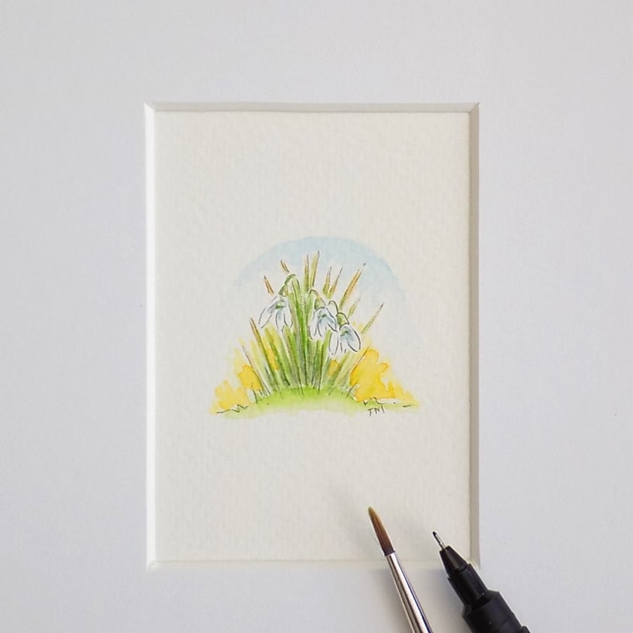SALE   Miniature Watercolour Flower Painting Snowdrops  3.5 cm x 4 cm