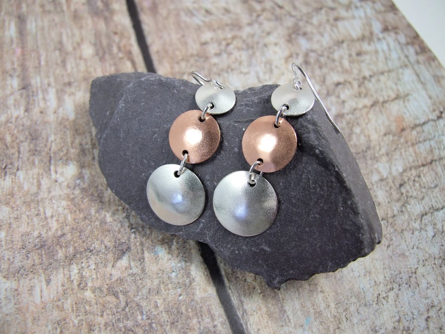 Earrings, Sterling Silver & Copper Circles. Frosted Matte Disc Droppers