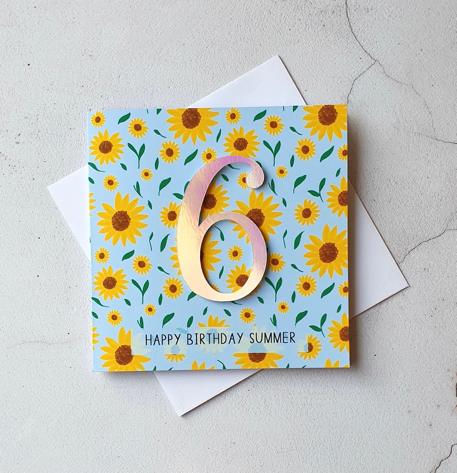 Personalised Sunflower 6th Birthday Card, Kids Age Card