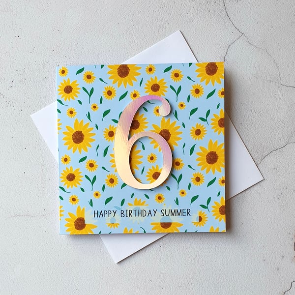 Personalised Sunflower 6th Birthday Card, Kids Age Card