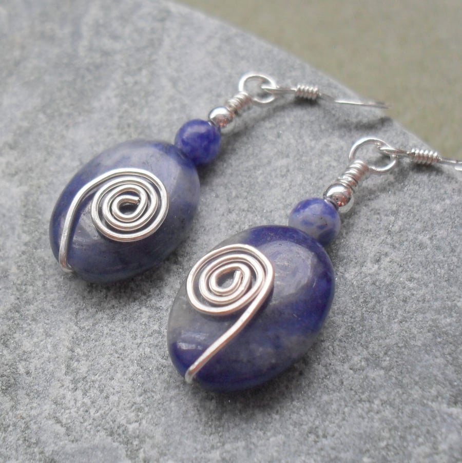 Sodalite Sterling Silver Wire Wrapped Earrings