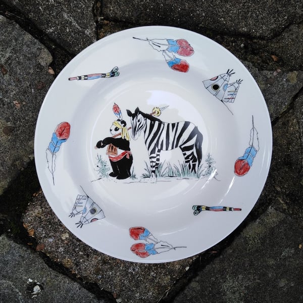 Pasta dish hand decorated panda and zebra story time illustration Cherokee fancy