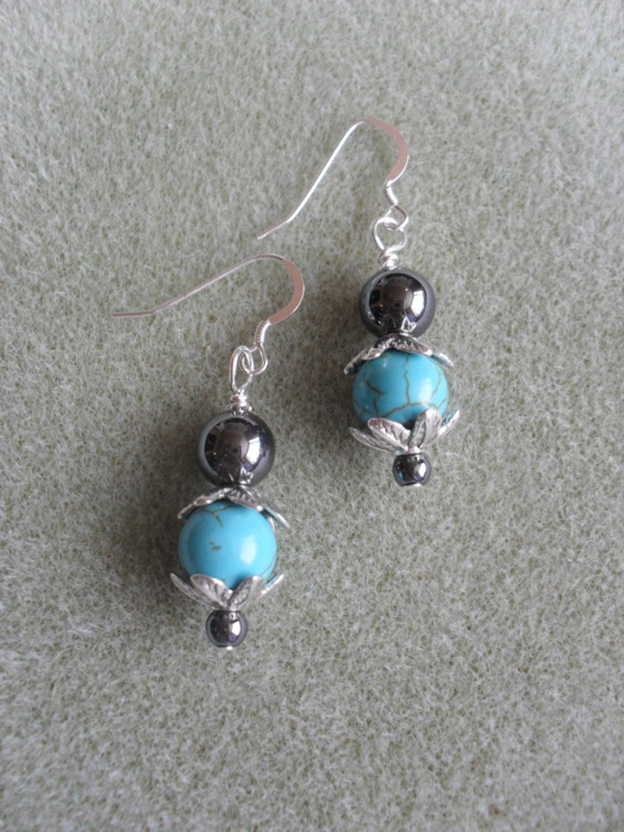 Turquoise Coloured Stone and Haematite Earrings EA103