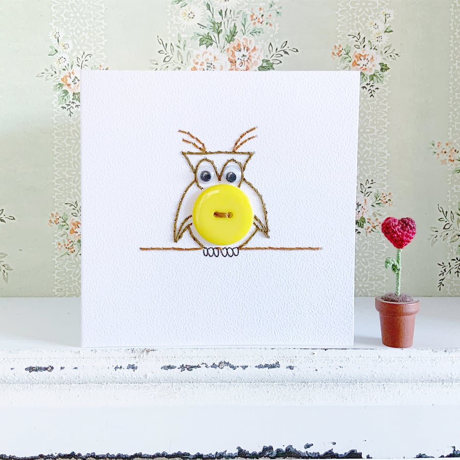 Owl Card. Hand Sewn Card. Button Card. Blank Card. Embroidered Card.