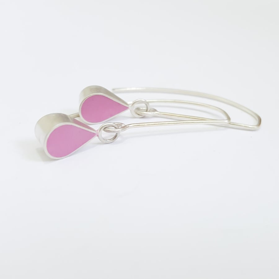 Pink Colour Drop Sterling Silver Earrings, Minimalist, Everyday Jewellery