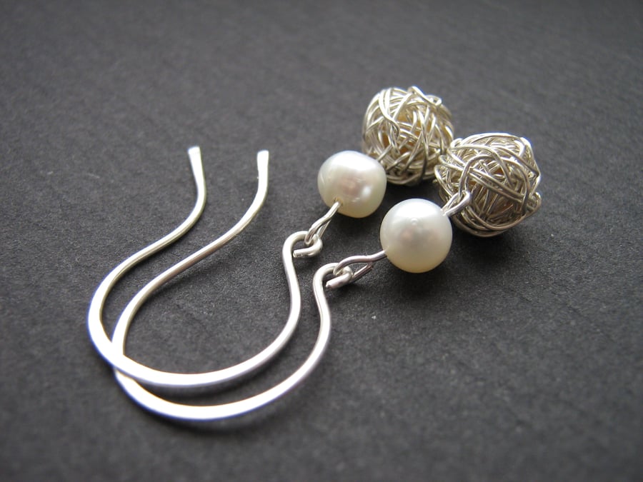 Freshwater Pearl and Silver Wire Wrapped Earrings