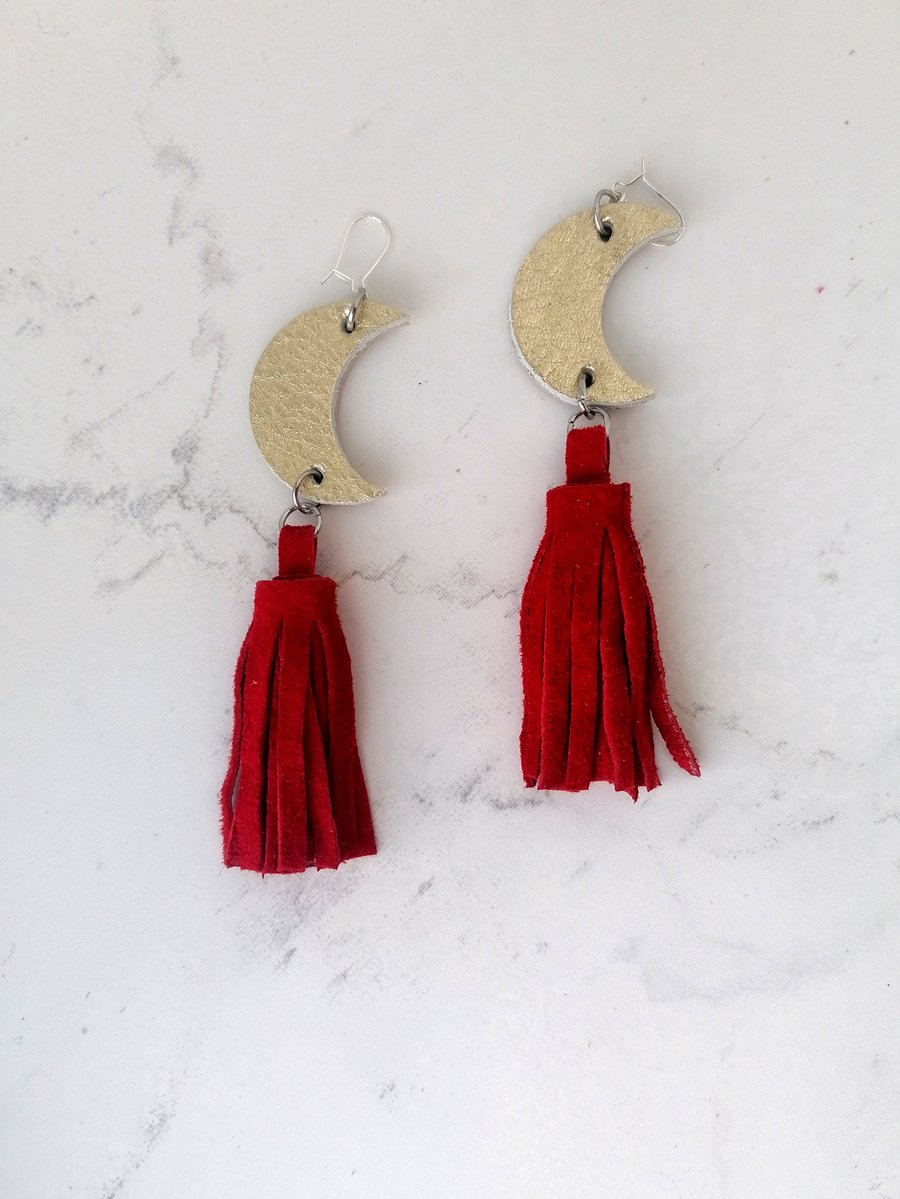 Celestial Tassel Statement Earrings - Crescent Moon