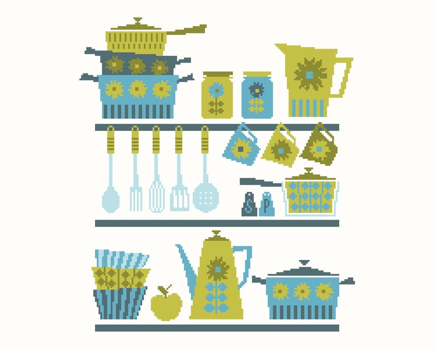 186C - Retro Kitchen Coffee Pot, Cups, Pots & Pans - Cool - Cross Stitch Pattern