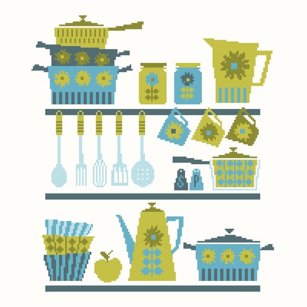 186C - Retro Kitchen Coffee Pot, Cups, Pots & Pans - Cool - Cross Stitch Pattern