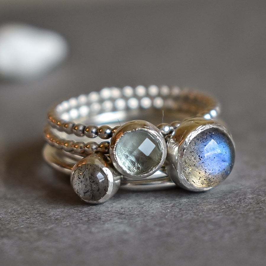Stacking Ring Set, Argentium Silver, Labradorite, Sky Blue Topaz
