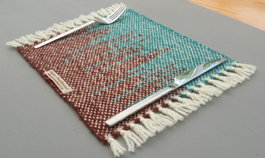 Two Hand Woven Placemats- turquoise and brown