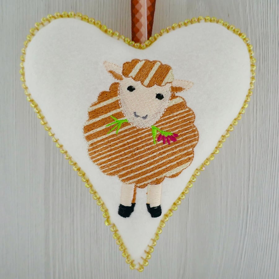 Beaded Felt Heart Decoration: Embroidered Sheep design 6.25” (16cm)