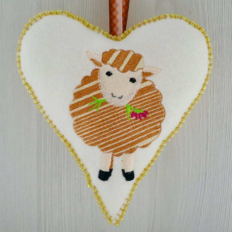 Beaded Felt Heart Decoration: Embroidered Sheep design 6.25” (16cm)