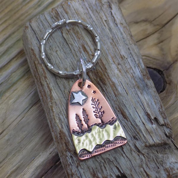 Copper, brass and silver trees and stars mixed metal keyring 