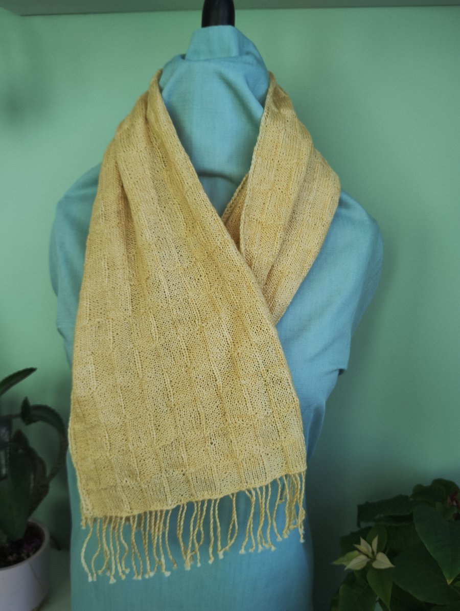 Hand knitted yellow scarf in alpaca and silk 