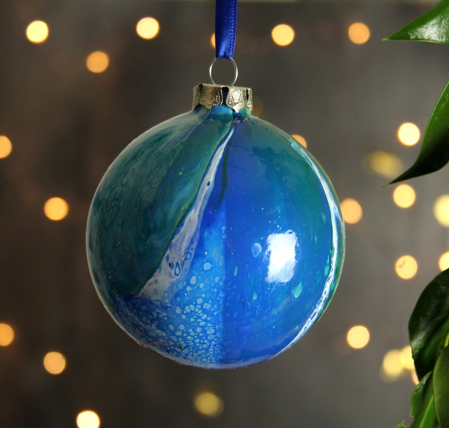 Green blue white ceramic bauble Christmas decoration