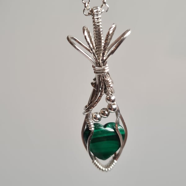 Handmade Natural Malachite & 925 Silver Heart Pendant Necklace Chain & Gift Box