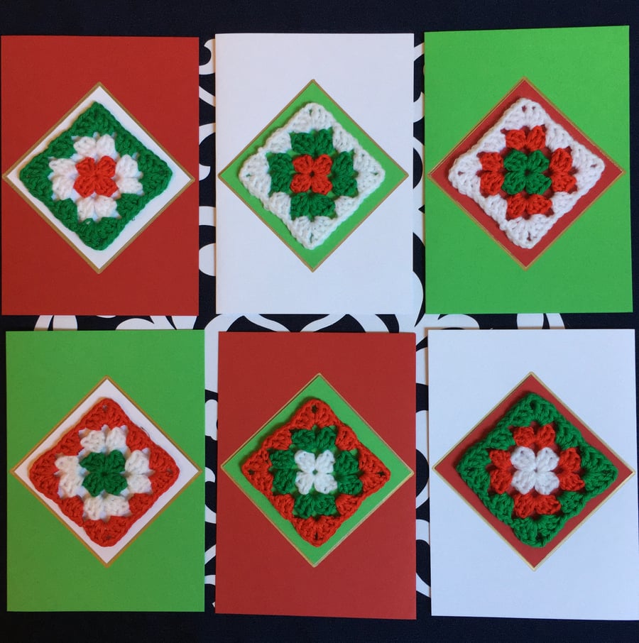 Red, White and Green Granny Square Christmas Cards Set of 6