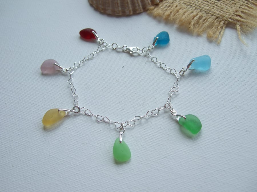 Sea glass rainbow bracelet, Seaham multi coloured heart design 7" bracelet