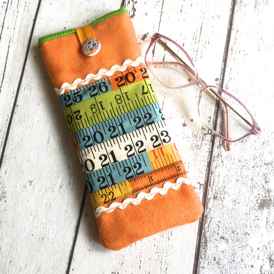 Orange Faux Suede Measure Themed Glasses Case