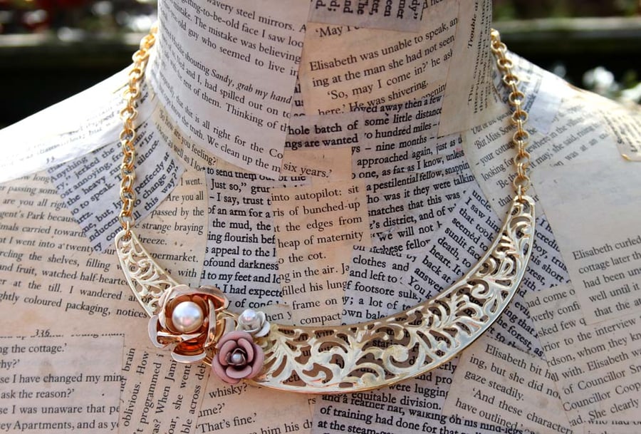 Rose Flower Charm Statement Bib Gold Necklace