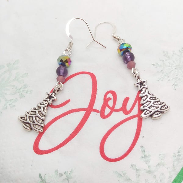 Purple and Blue Earrings for Pierced Ears with a Silver Christmas Tree Charm
