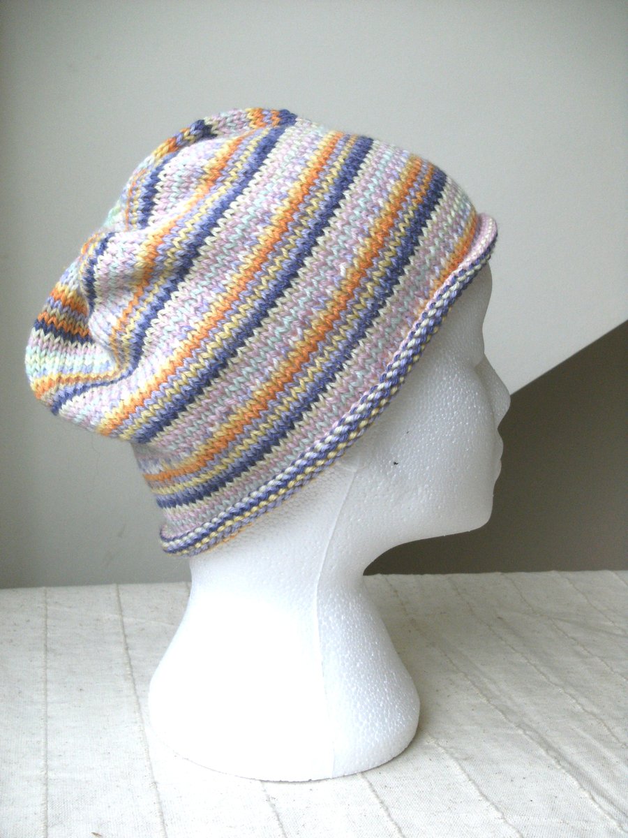 SPECIAL! Handknit Beanie Hat 100% MERINO Stripey jacquard in Pastels