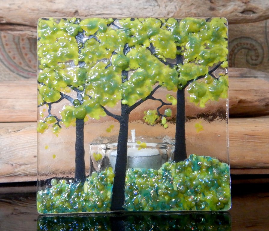 Handmade Fused Glass 'Spring Tree' T-Light Holder