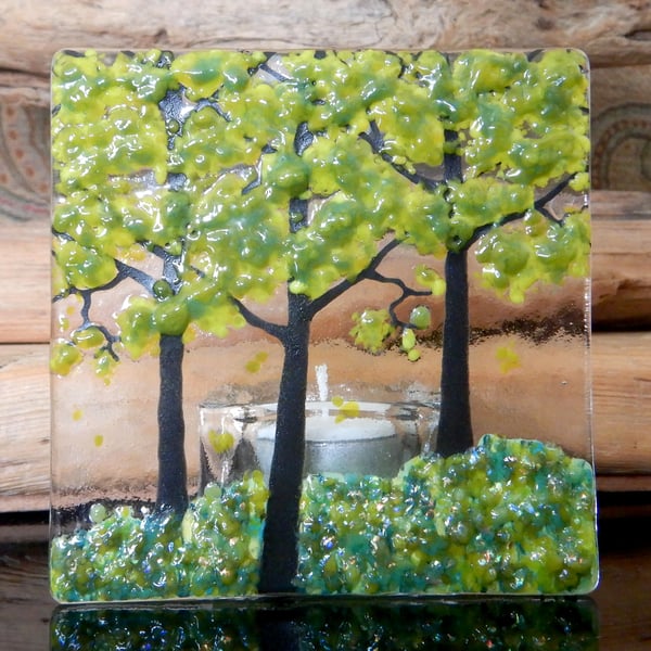 Handmade Fused Glass 'Spring Tree' T-Light Holder