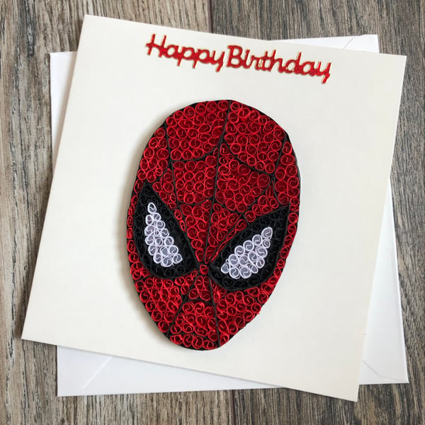 Handmade quilled Spider-Man mask card