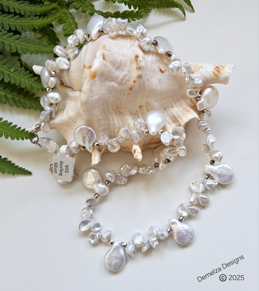 Large kiwi & Keshi Pearl Hand Made Sterling Silver Necklace