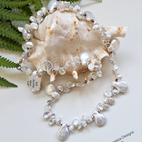Large kiwi & Keshi Pearl Hand Made Sterling Silver Necklace