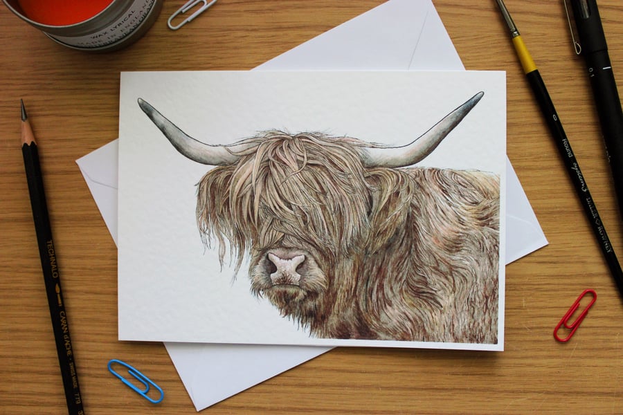 Highland Cow Greeting Card -Blank Greeting Card, Wildlife Art Card, Free UK Post