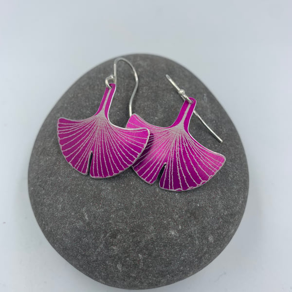 Dark pink aluminium ginkgo leaf earrings