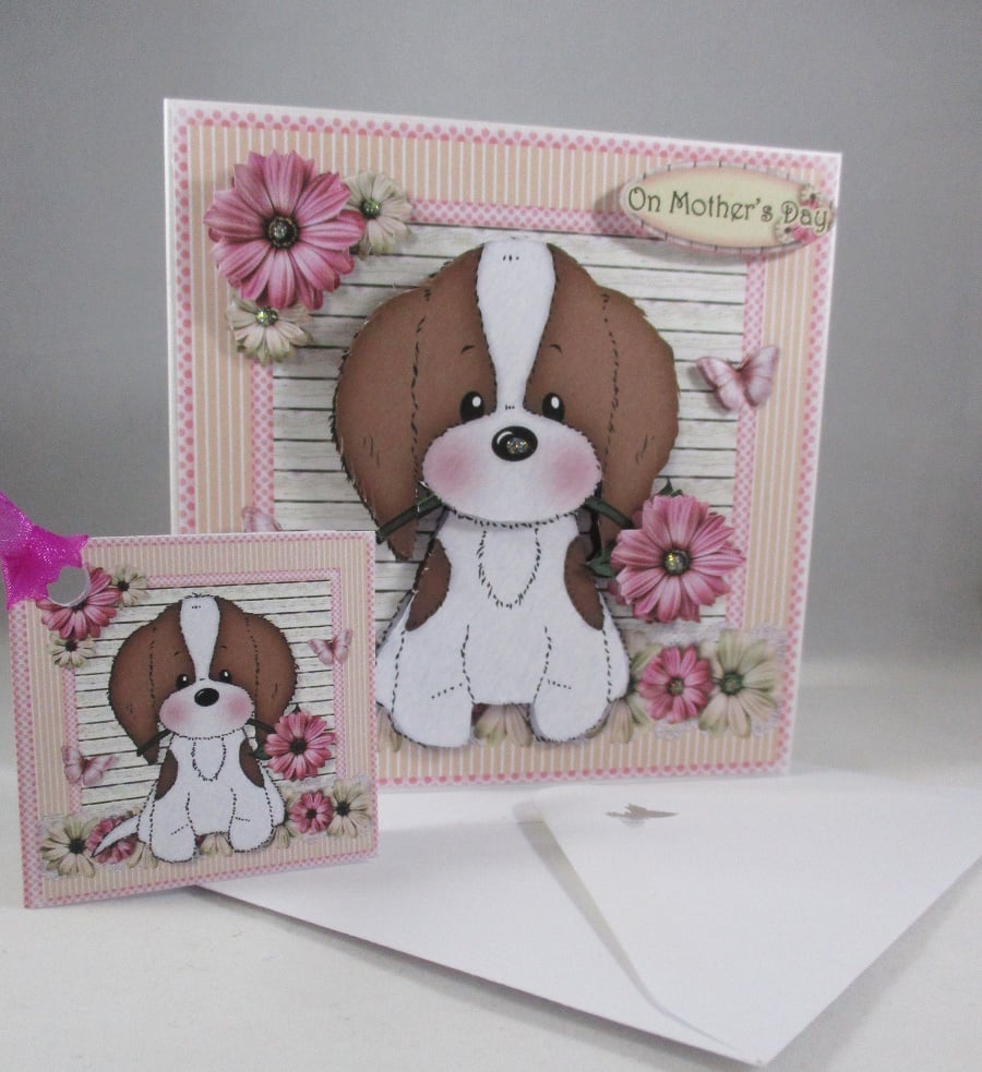 Handmade Decoupage,3D Mother's Day Card,Cute Puppy