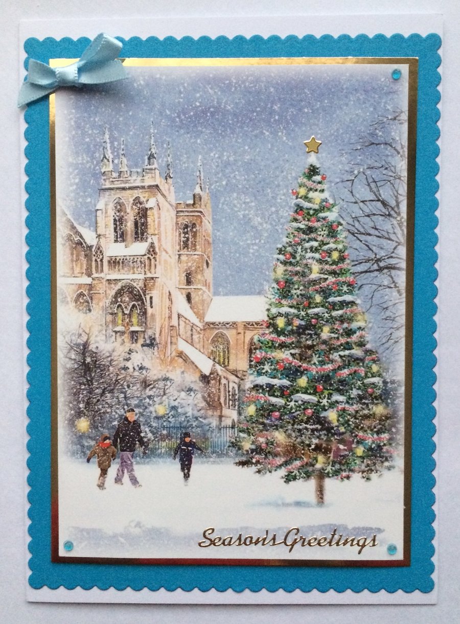 Handmade Christmas Card Vintage Christmas Tree and Church Scene