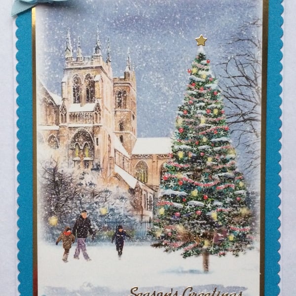 Handmade Christmas Card Vintage Christmas Tree and Church Scene