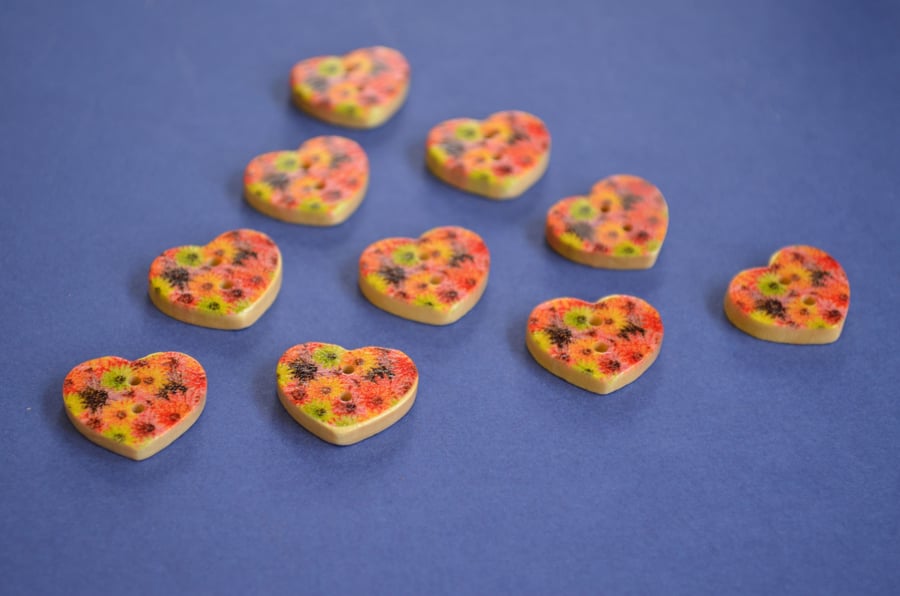 Small Natural Wooden Heart Buttons Floral Red Pink Yellow 10pk 18x15mm (NH6)