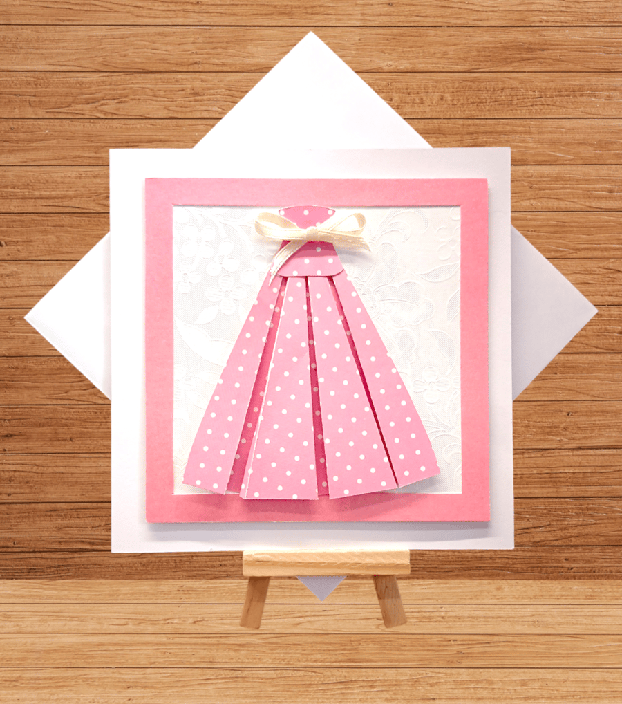 Retro 3D pink polka dot dress open card