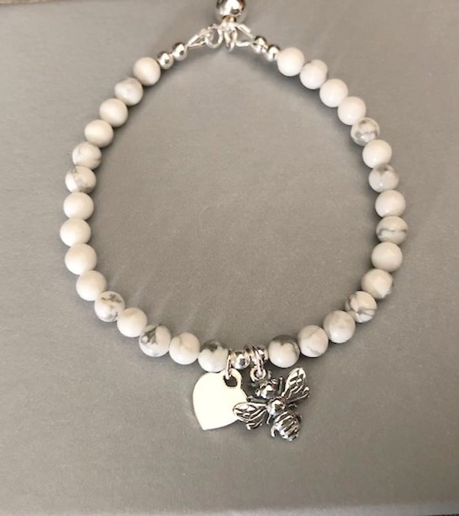 White Howlite Bee Heart Charm Bracelet, Sterling Silver Ball Slider Clasp