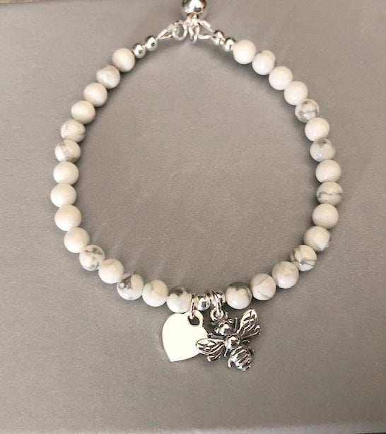 White Howlite Bee Heart Charm Bracelet, Sterling Silver Ball Slider Clasp