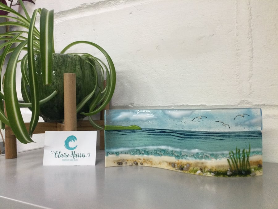 Fused glass Cornish Sea Scene with Grass, Large Freestanding Wave. 9cm tall. 
