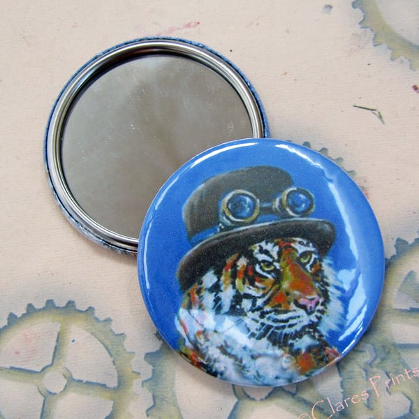Top Hat Tiger Art 58mm Pocket Mirror Animal Cats Steampunk