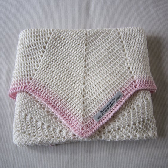 White Crochet Baby Blanket with Pink Edging, Baby Girl, Baby Shower Gift Idea